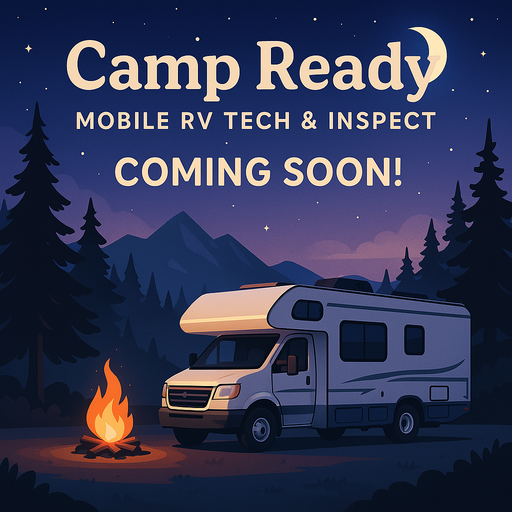 a 'coming soon' webpage image for camp ready mobile rv tech inspect. the design should include an